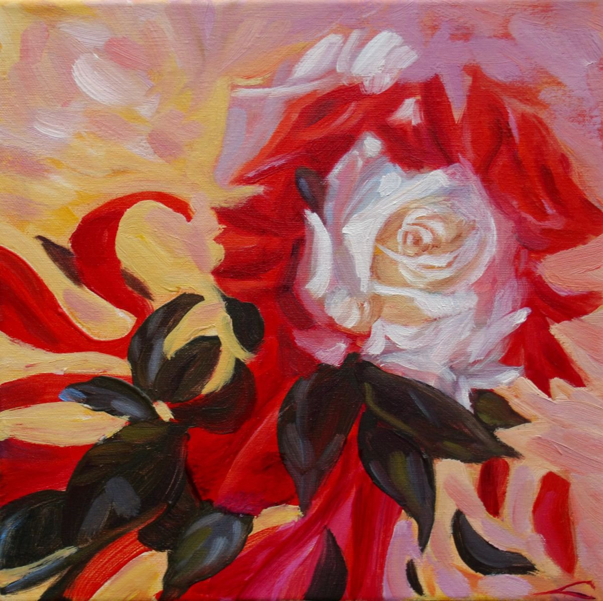 Impressionistic Botanical Oil Painting By Elena Sokolova, 12 X 12, White Rose And Others, Original Artwork