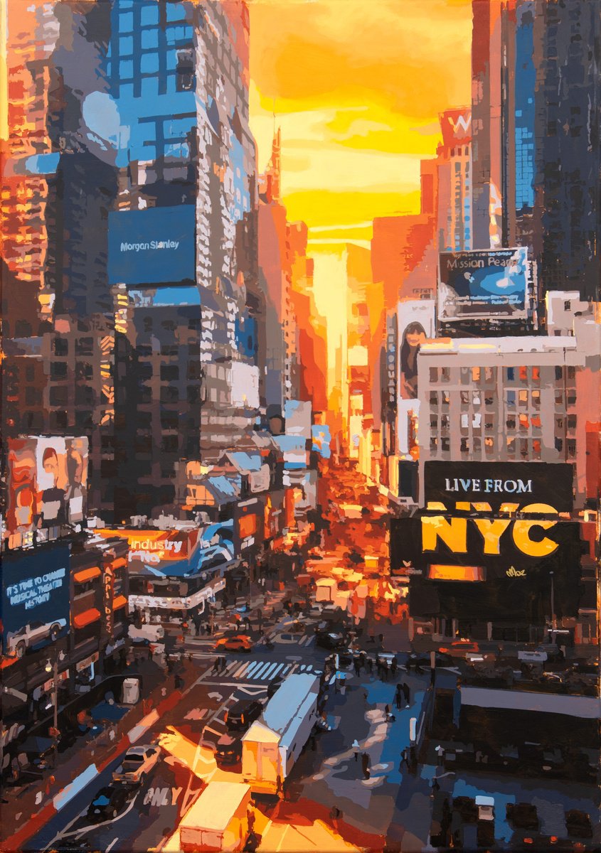 Photorealistic Cityscapes Acrylic Painting By Marco Barberio, 28 X 39", Live From Nyc, Original Artwork