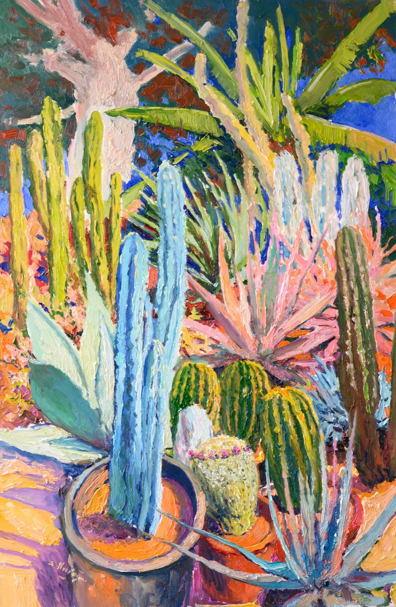 Expressive Landscape Oil Painting By Suren Nersisyan, 24 X 36", Cactuses, Original Artwork