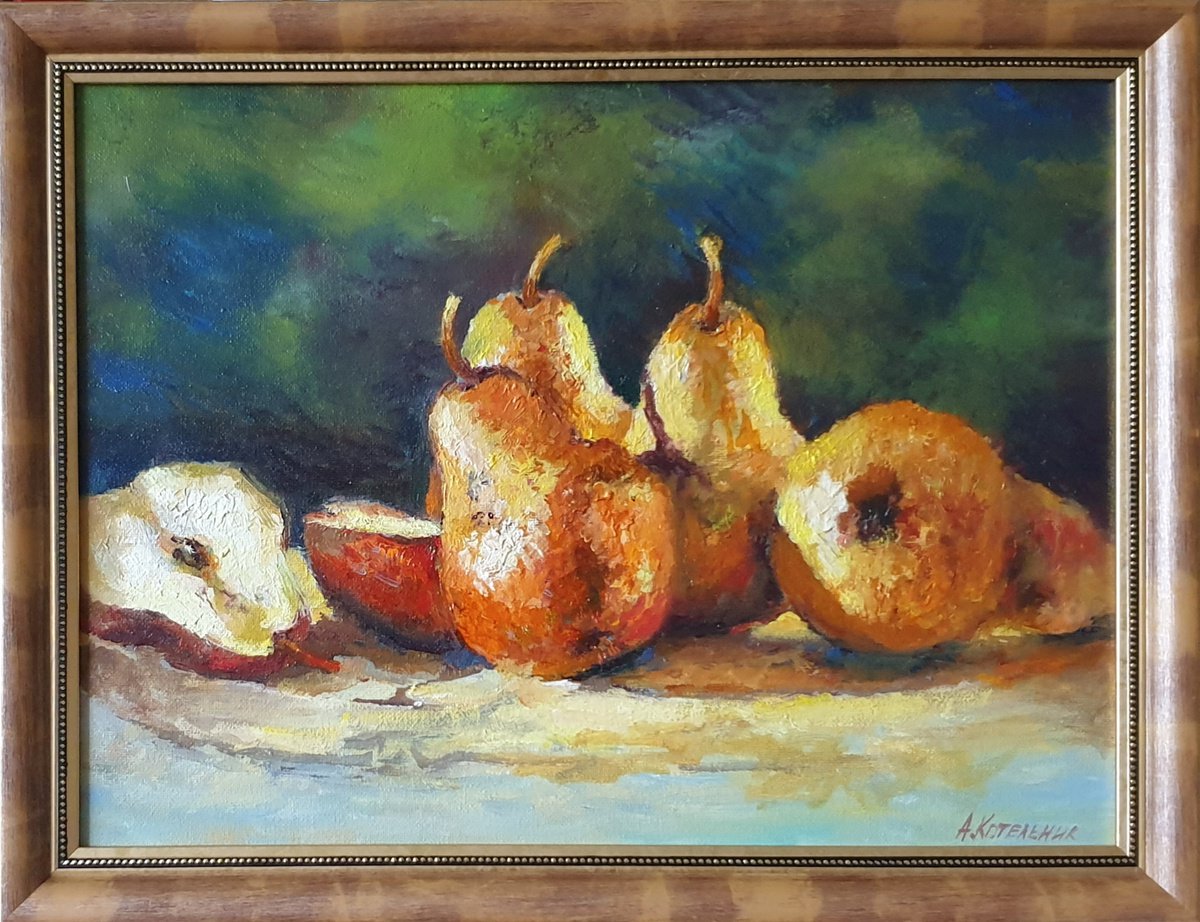 Juicy pears pears still life liGHt original painting PALETTE KNIFE GIFT (2016) by Anna Kotelnik