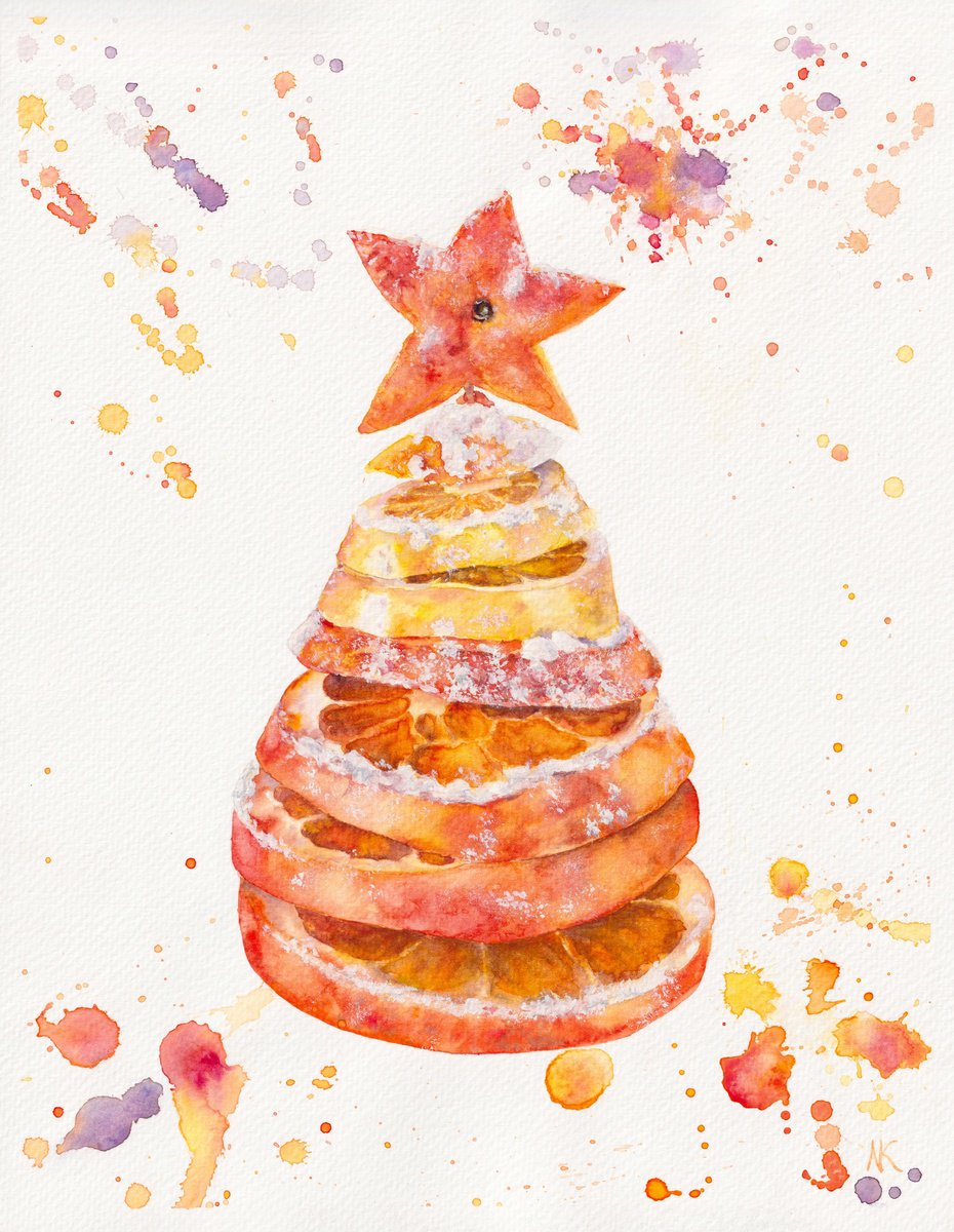 Impressionistic Still Life Watercolour By Kateryna Nazarenko, 10 X 13", Christmas Orange Tree, Original Artwork