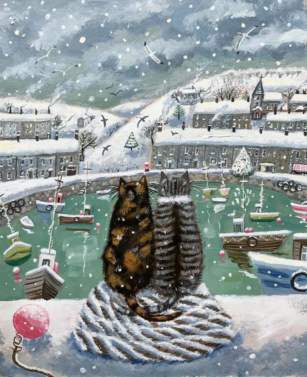 Illustrative Animal Acrylic Painting By Mary Stubberfield, 11 X 14", Snowy Harbour Cats, Original Artwork