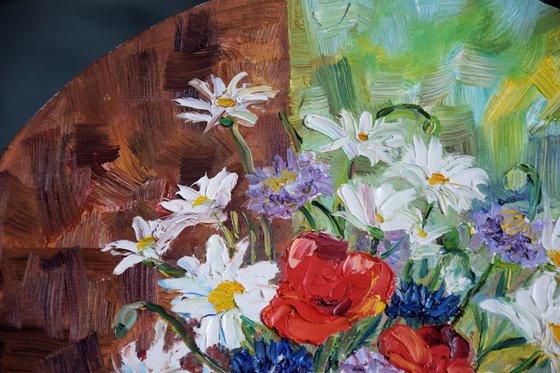 Wild Flowers Painting, Bouquet Round Oil Painting on Canvas, Floral Original Wall Art