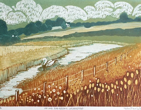 Wetland bird reserve, Waldringfield. Original handmade linocut. Limited edition reduction linoprint. Helen Maxfield.