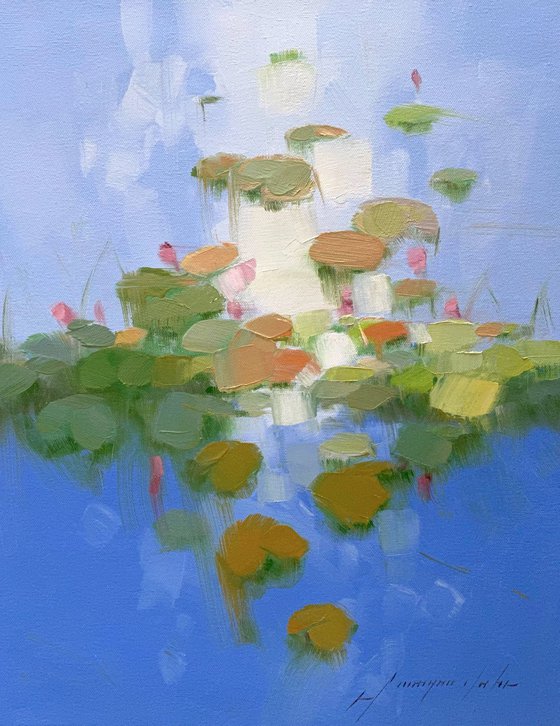 Waterlilies Pond, Original oil painting, Handmade artwork, One of a kind