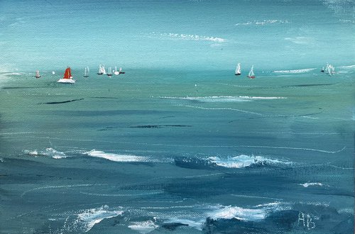 Sails in the sea - gouache landscape by Anna Boginskaia