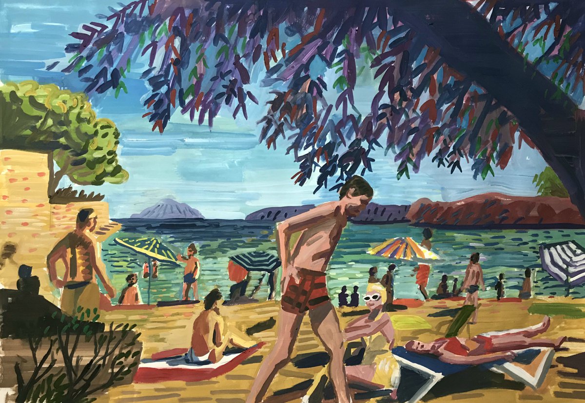 Impressionistic Landscape Painting By Stephen Abela, 33 X 23", Mallorca With Man Walking, Original Artwork