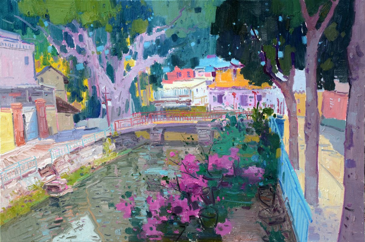 Impressionistic Landscape Oil Painting By Jianzhe Chon, 35 X 24, Garden In The Town 186, Original Artwork