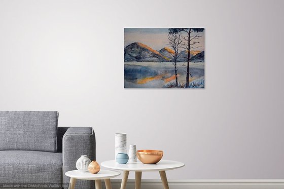 Norwegian original watercolor painting Winter mountains in Norway, snowy fjords in sunset, lake