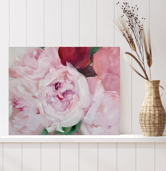 Original oil painting pink peonies bouquet