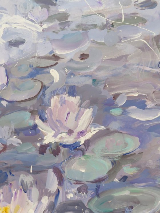 Large painting 160x100 cm unstretched canvas "Lilies in a dark water" i030 original artwork by Airinlea