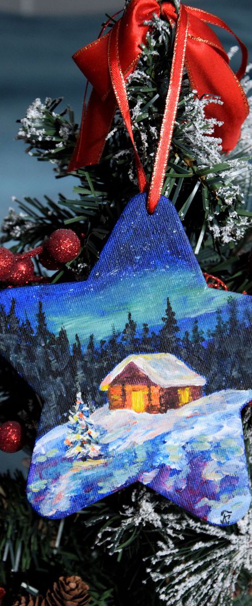 Personalised Christmas ornaments, original acrylic painting, hand painted bauble, winter night woodland by Kate Grishakova