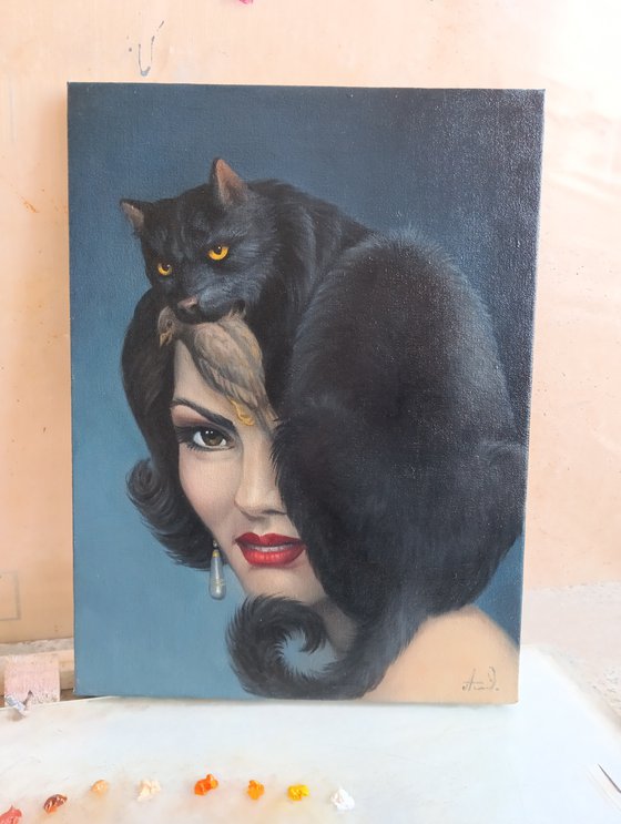 Black cat 30x40cm, oil painting, surrealistic artwork