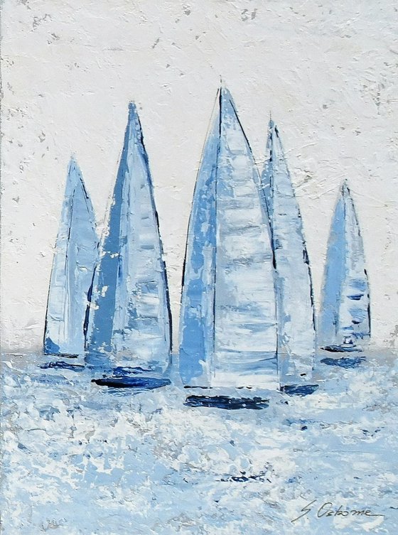 OCEAN BREEZE. Sailboats Regatta Navy Blue Coastal Triptych
