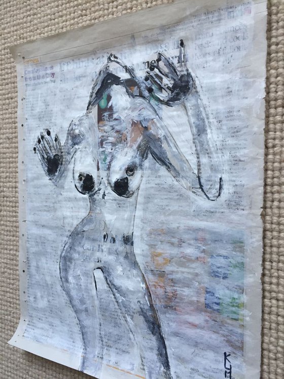 Pleasure on Newspaper Naked Woman Art Nude Portrait Sexy Woman 37x29cm Gift Ideas Original Art Modern Art Contemporary Painting Abstract Art For Sale Free Shipping
