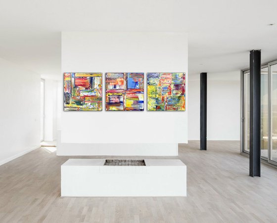 "Three's A Crowd" - FREE USA SHIPPING - Original Large PMS Abstract Triptych Oil Paintings On Canvas - 60" x 20"