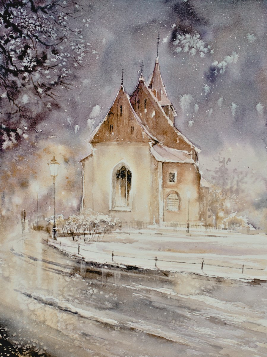 Impressionistic Cityscapes Watercolour By Eve Mazur, 12 X 16, Church In Krakow, Poland, Original Artwork