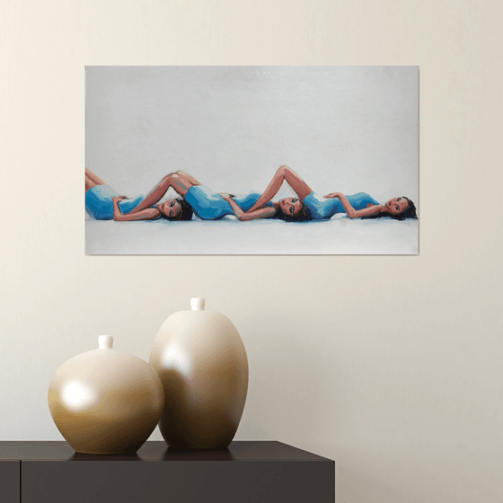 THREESOME - oil painting on cardboard, original gift, blue, woman, nude, erotics, original gift, home decor, pop art, office interior