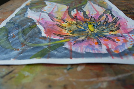 Fading pink tulip-floral watercolor painting for the interior of the office and home.