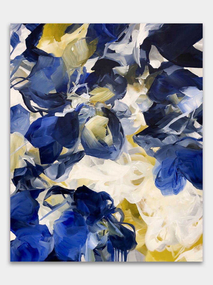 Expressive Botanical Acrylic Painting By Ines Khadraoui, 32 X 39, Tulip Blues, Original Artwork