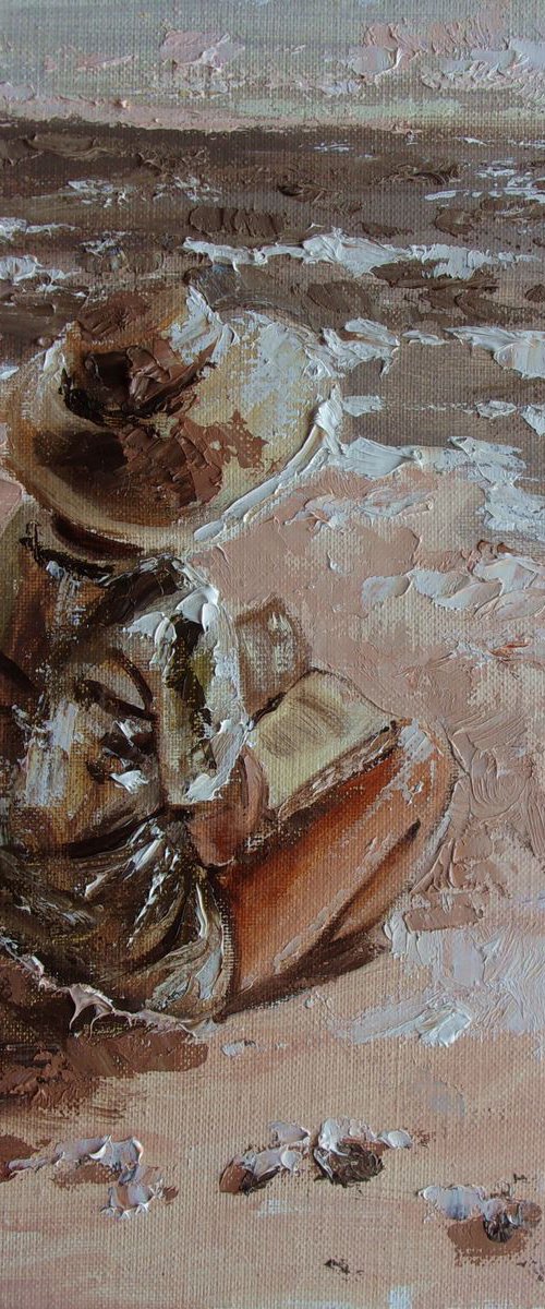 " BOOK LOVER ... VIII " original painting sea summer palette knife GIFT brown by Monika Luniak
