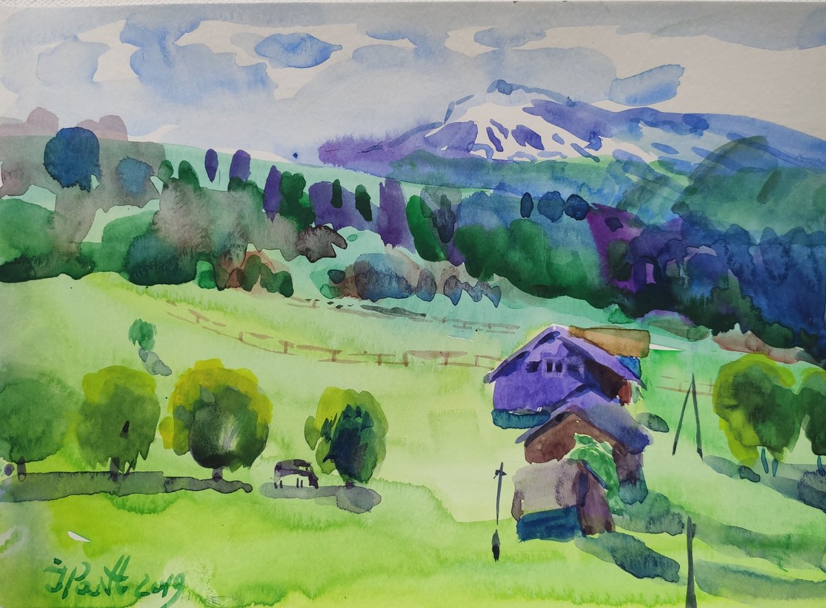 Impressionistic Landscape Drawing By Inna Pantelemonova, 9 X 6, May In The Mountains, Original Artwork