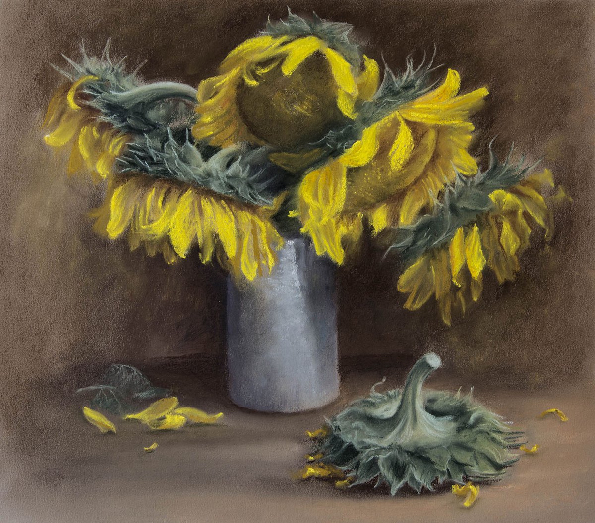Impressionistic Botanical Pastel Drawing By Inna Medvedeva, 15 X 13, Sunflowers, Original Artwork