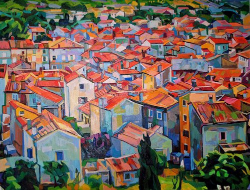 Cityscape Of Island Town ( 120 x 90 cm, Large oil painting  ) by Maja Đokić Mihajlović