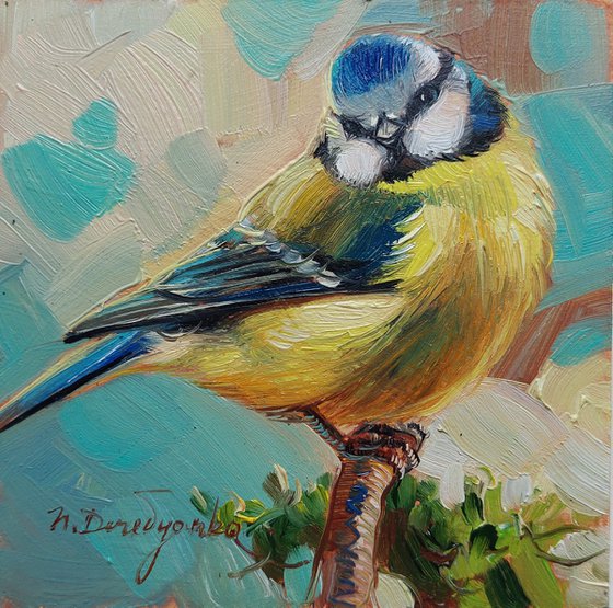 Blue bird painting original art 4x4, Little bird artwork in frame, Framed art of Blue tit bird, Pocket bird picture Christmas gift