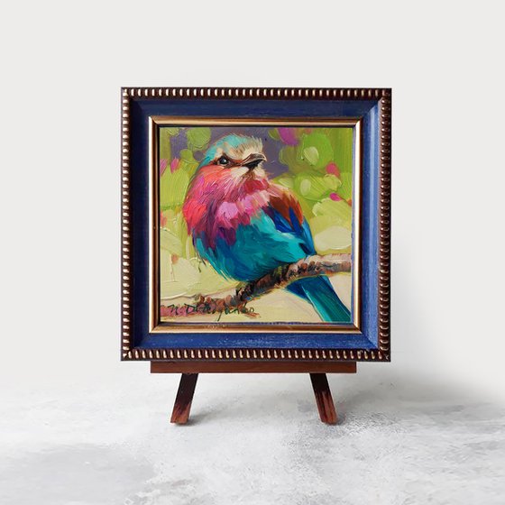 Bird painting original 4x4, Lilac-breasted Roller bird small frame art in blue, Mini oil painting shelf decor ideas