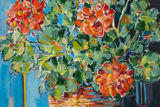 STILL LIFE, GERANIUM IN A BASKET