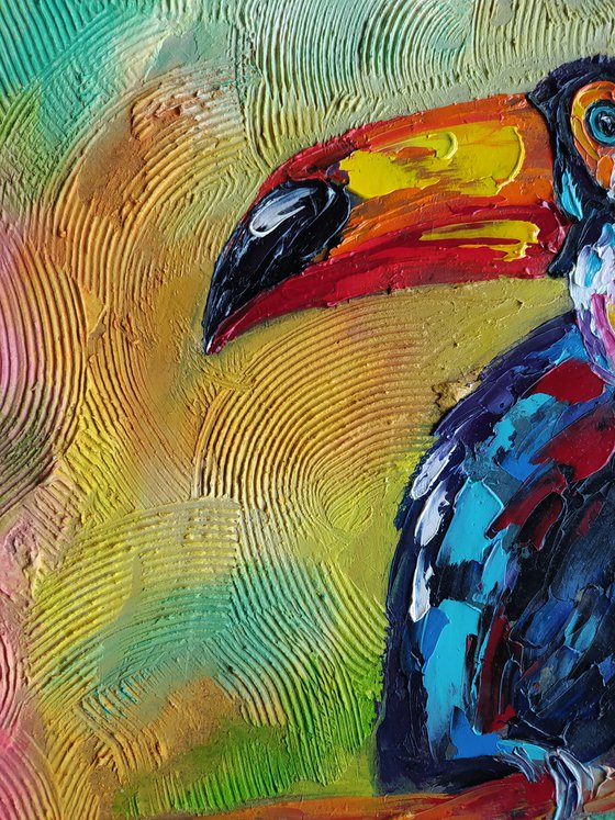 Surrounded by bright colors - toucan oil painting, birds, toucan, animals, bird, birds oil painting