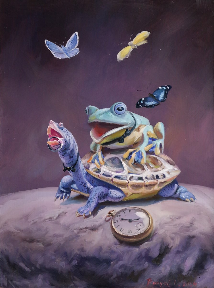 Illustrative Animal Oil Painting By Lena Vylusk, 12 X 16", "Hurry", Original Artwork