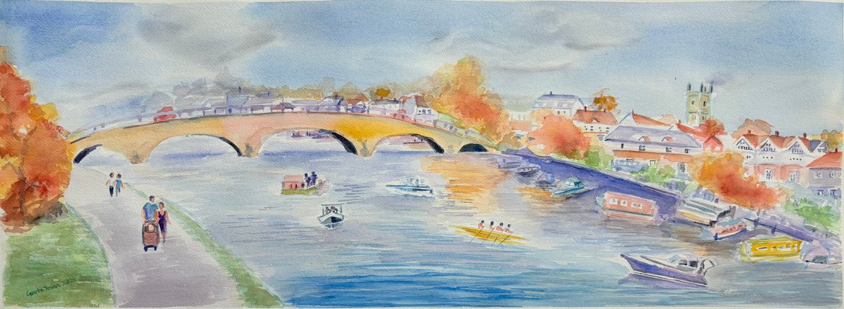 Impressionistic Cityscapes Watercolour By Geeta Yerra, 30 X 11, Henley On Thames, Uk, Original Artwork