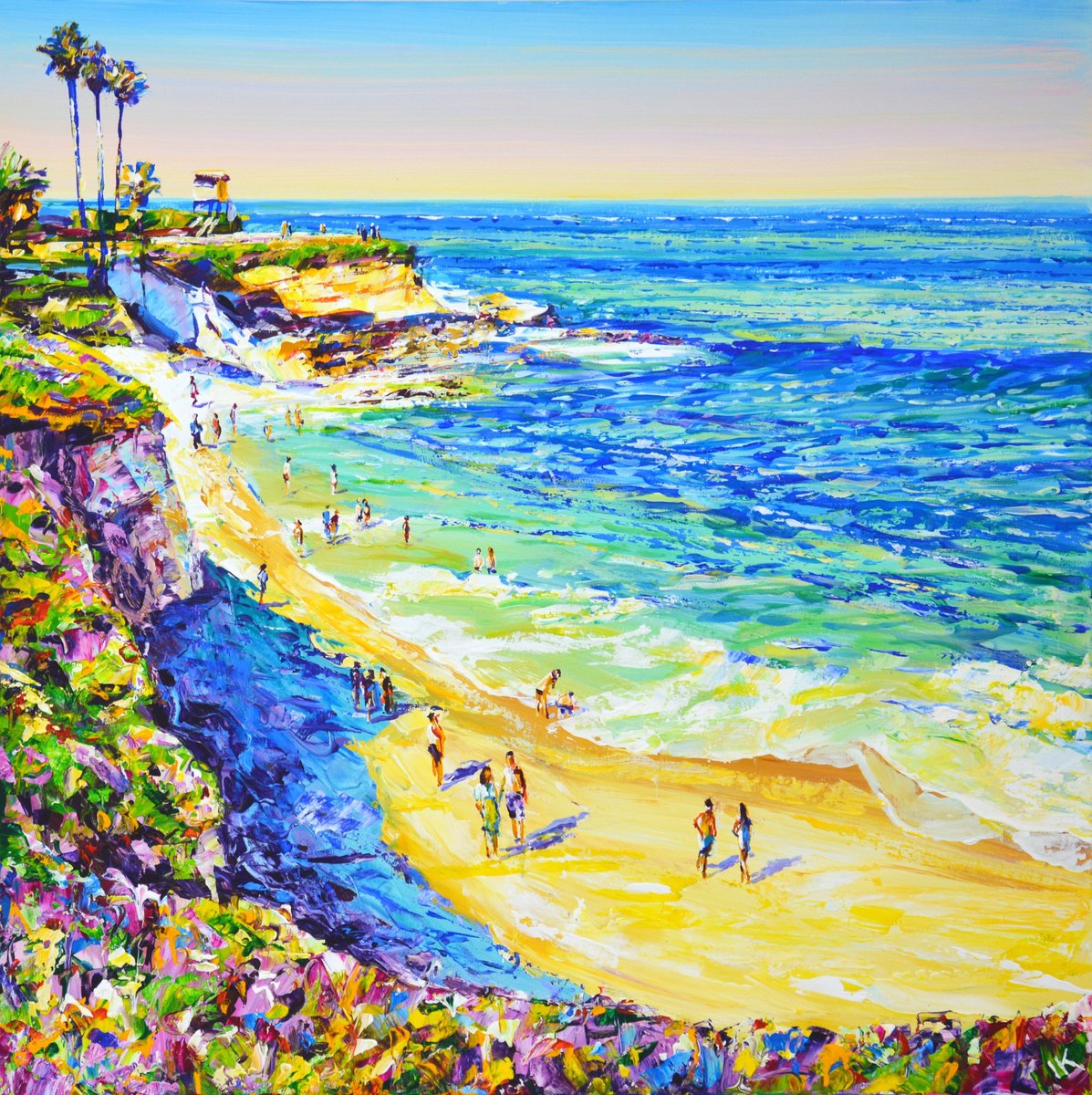 Impressionistic Landscape Acrylic Painting By Iryna Kastsova, 31 X 31, Ocean. Beach. California 2., Original Artwork