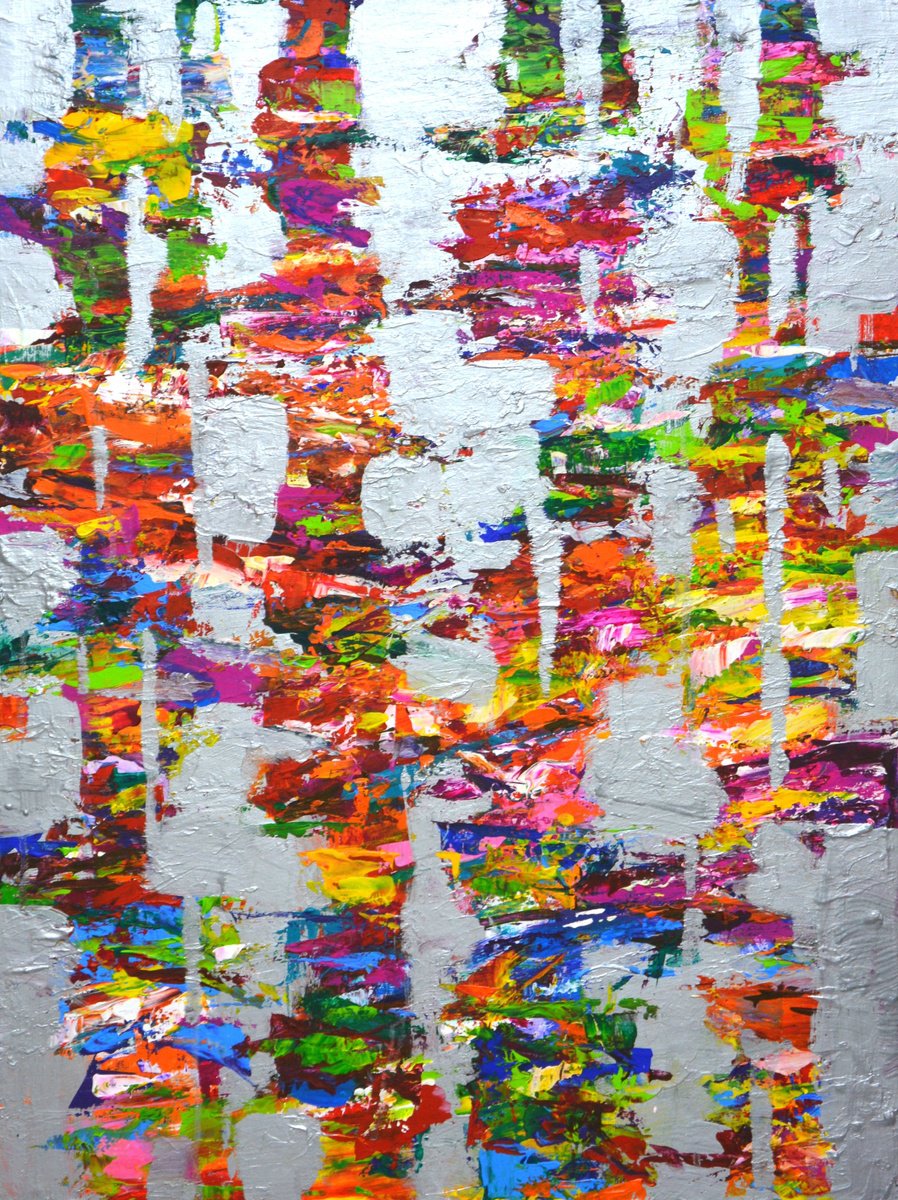 Expressive Abstract Acrylic Painting By Iryna Kastsova, 24 X 31, Expression With Silver 10., Original Artwork