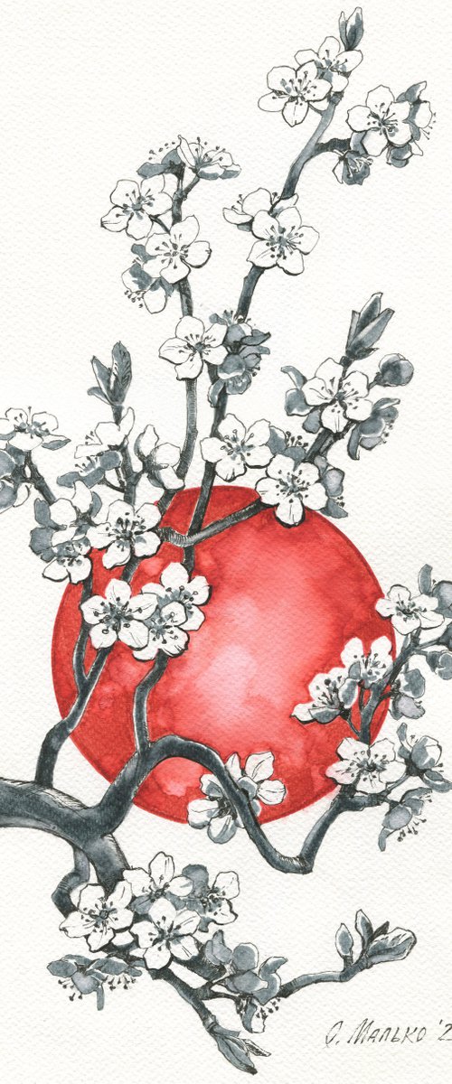Sakura on the background of the Rising Sun / Original artworks. Japanese style home decor. Floral picture. Cherry blossom drawing. Spring flower by Olha Malko