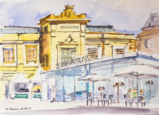 San Sebastian. Street sketch of the market square. URBAN WATERCOLOR LANDSCAPE STUDY ARTWORK SMALL CITY LANDSCAPE SPAIN GIFT IDEA INTERIOR