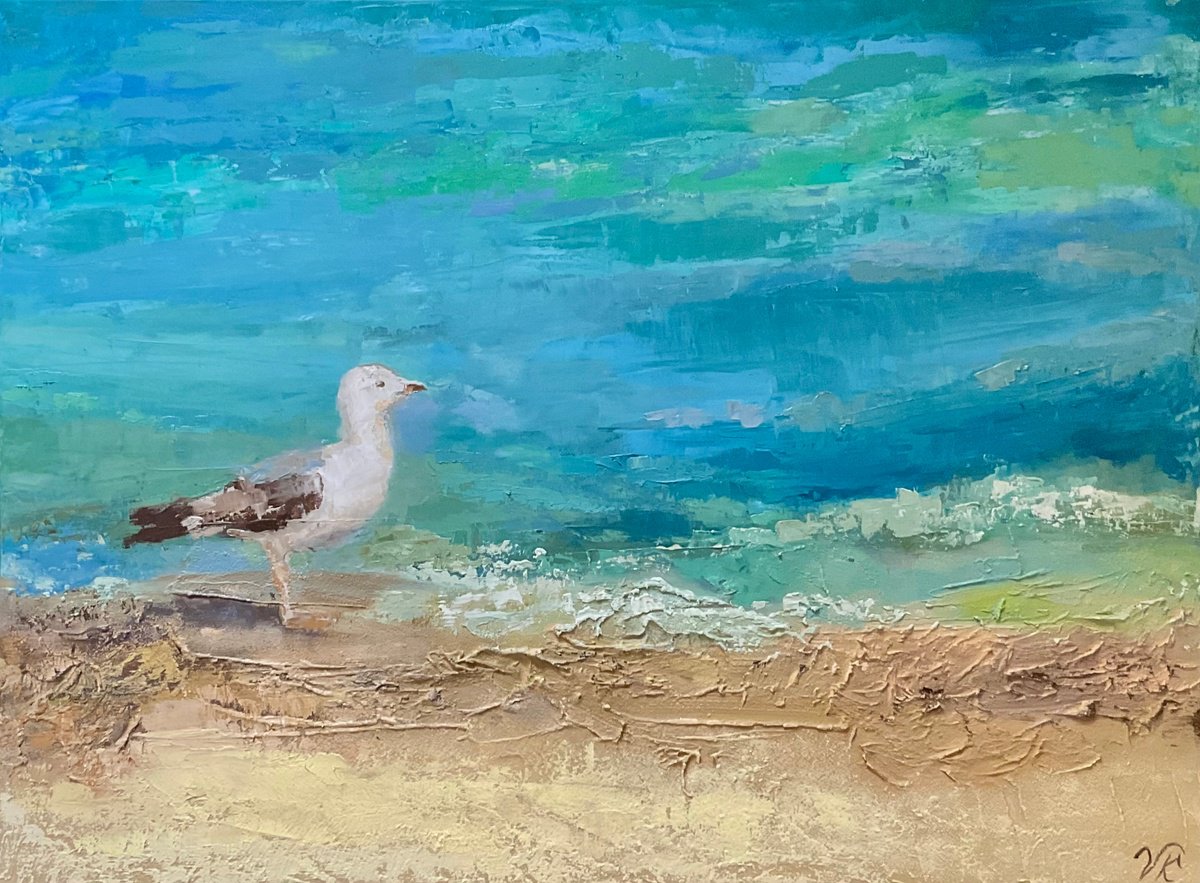 Impressionistic Landscape Oil Painting By Vera Klimova, 31 X 24", Warm Coast, Original Artwork