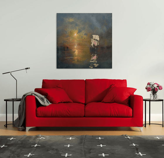 " Harbor of destroyed dreams - Emerald Night " W 110 x H 110 cm