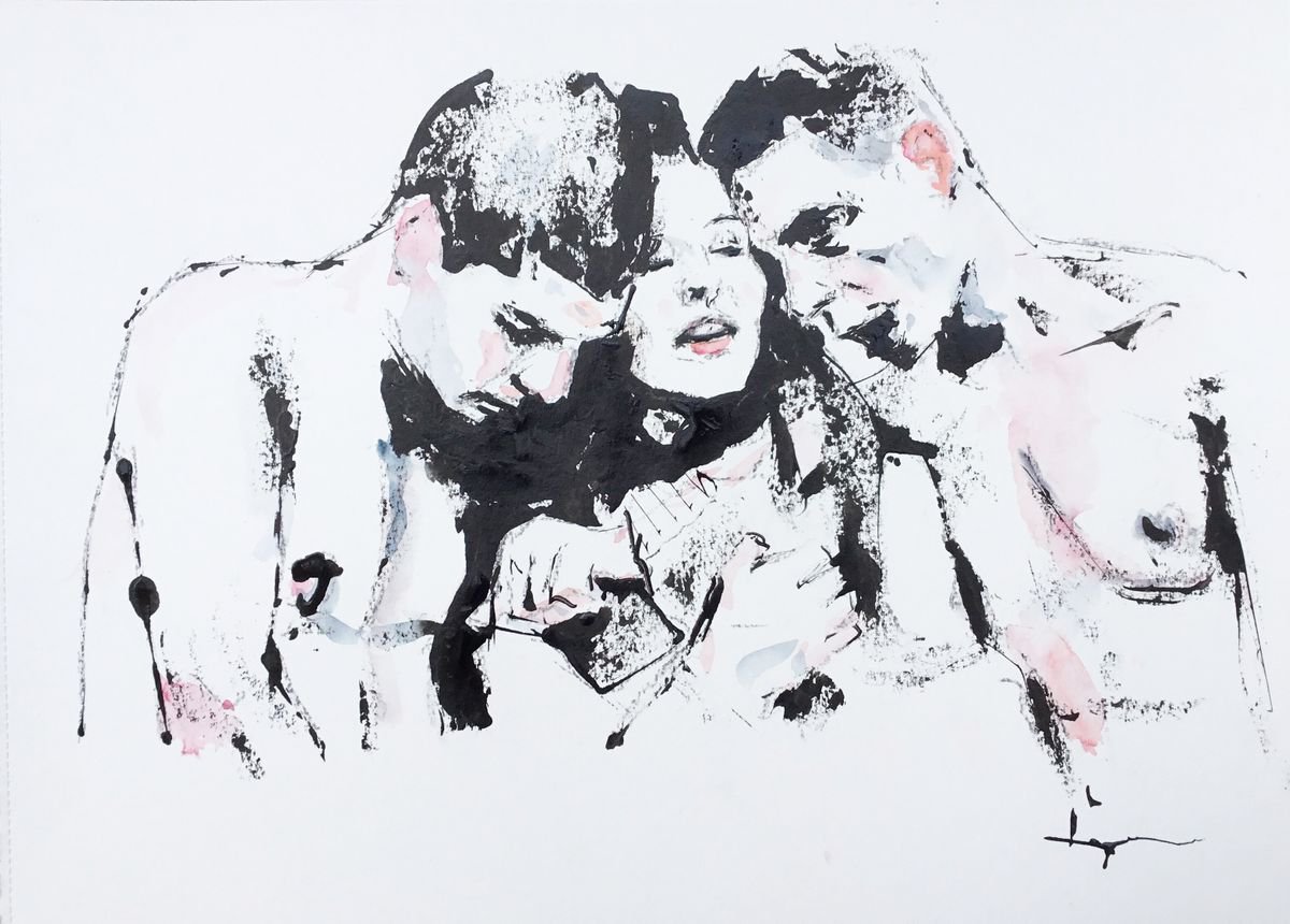 Expressive Portrait Acrylic Painting By Dominique Deve, 16 X 12, Trio, Original Artwork