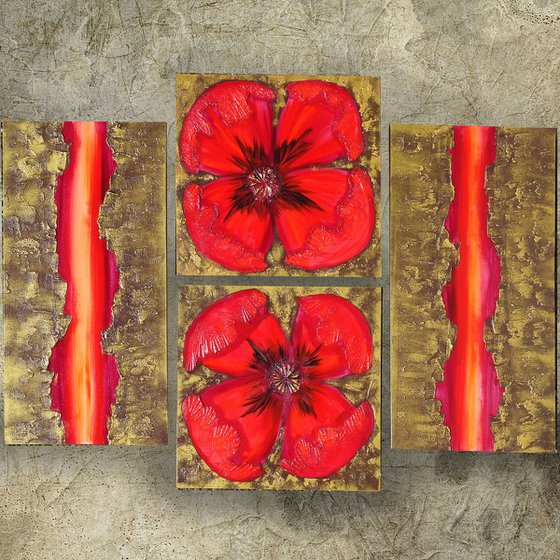 textured gold paintings A049 red Poppies decor original abstract art big ready to hang painting acrylic on stretched canvas metallic textured glossy wall art