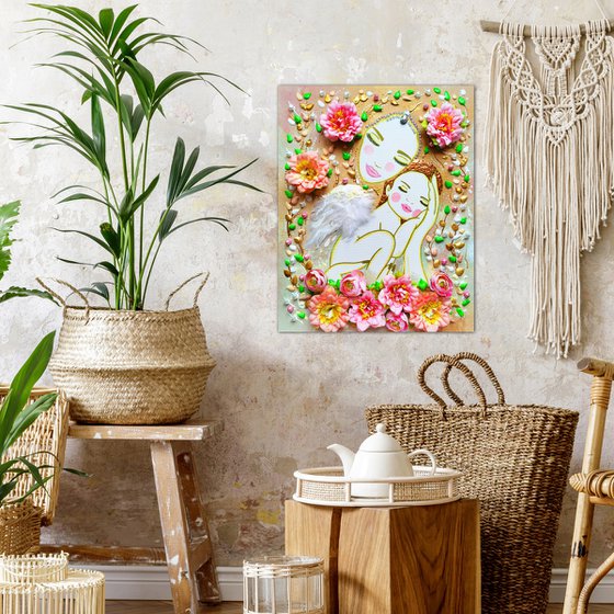 Love Mother Earth and baby angel. Summer floral woman with pink flowers