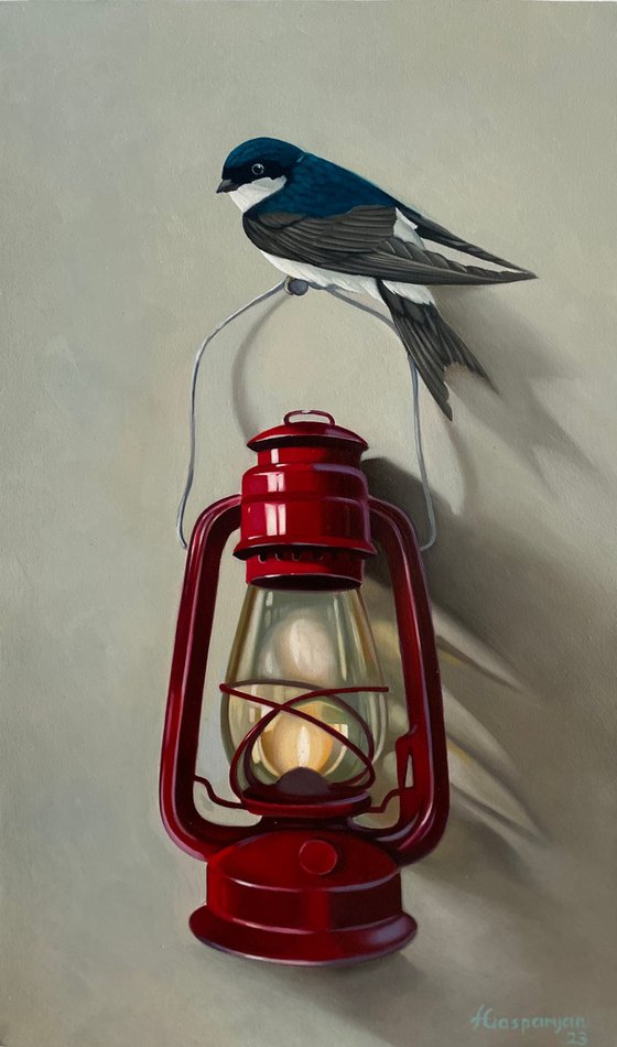 Still life with bird and lamp (30x50cm, oil painting, ready to hang)