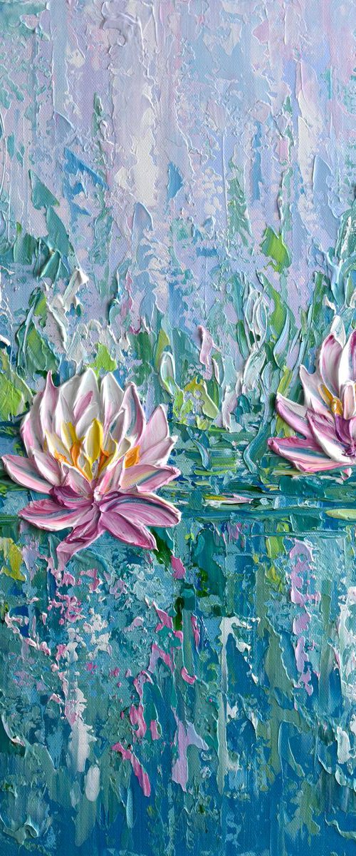 Pink Water Lilies - Impasto Acrylic Flower Painting(2019) by Olga Tkachyk