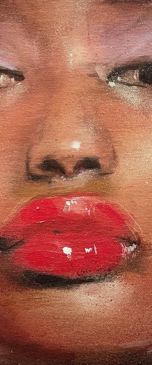 Lisa - beauty oil painting of pretty black women female on canvas with dark pink red lipstick purple eye makeup contemporary portrait lady by Renske Karlien Hercules