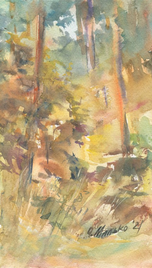 An autumn mood of a pine forest / Plein air landscape Watercolor sketch Small size picture Original art work by Olha Malko