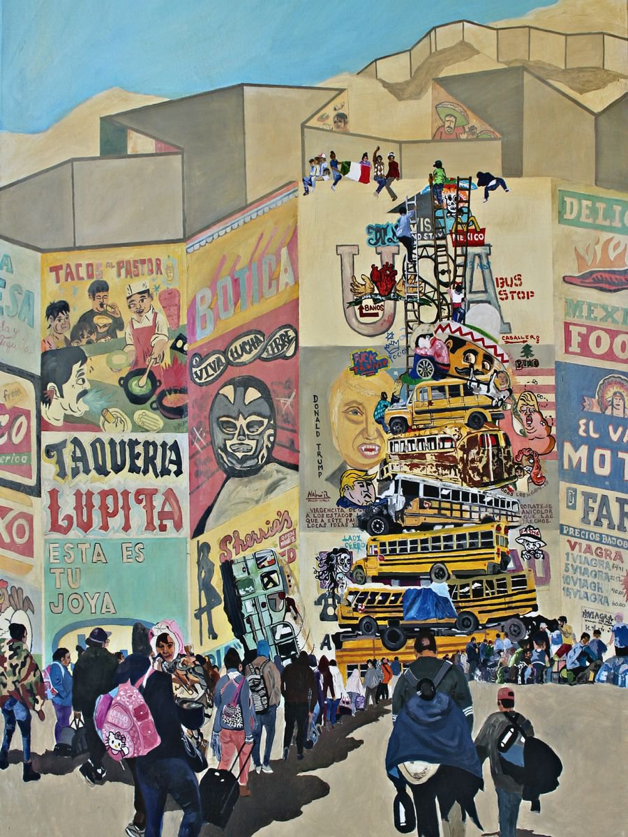 Photorealistic Cityscapes Oil Painting By Ken Vrana, 36 X 48", Build The Wall!, Original Artwork