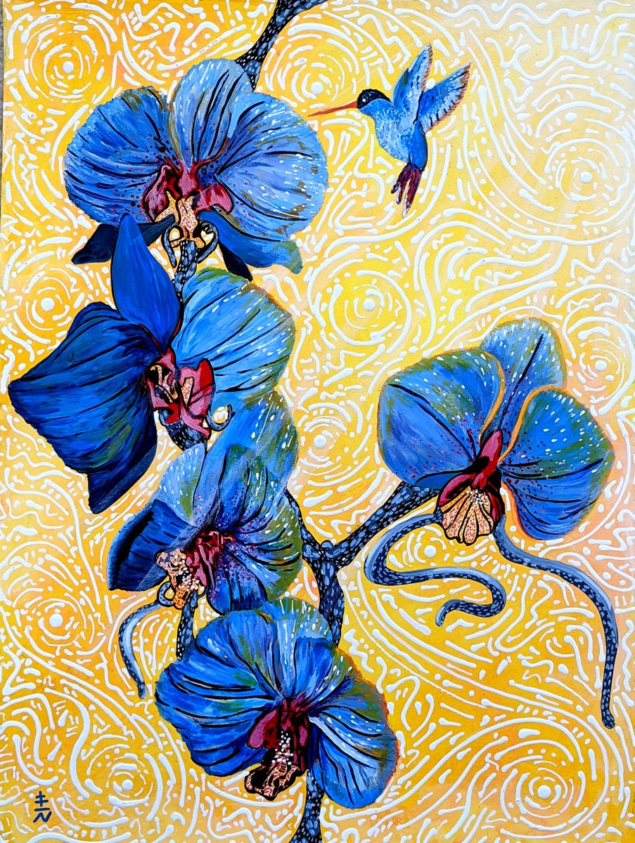 Hummingbird and Orchids - Flower Acrylic Painting by Vincent Keele