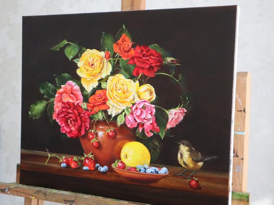 Garden Roses and Little Bird